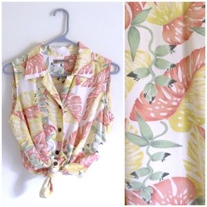 Yellow Peach Tropical Hawaiian Print Blouse M/L